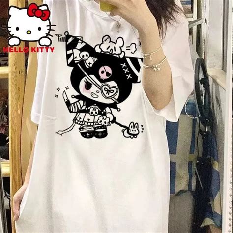 Sanrio Kuromi Shirt Summer Girl Hello Kitty Y2k Clothes Cartoon Loose