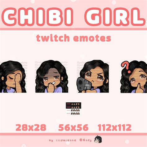 Curly Black Hair Brown Eyes Tanned Skin Chibi Girl Twitch Emotes Pack