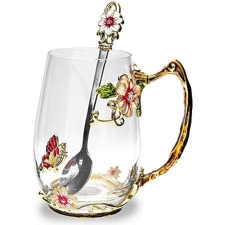 Luka Tech Enamel Flower Lead Free Glass Coffee Mugs Tea Cup With Steel