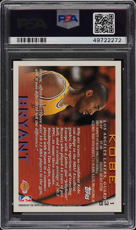 1996 Topps Basketball Kobe Bryant ROOKIE RC 138 PSA 9 MINT PWCC