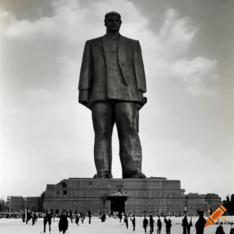 Vintage Black And White Photo Of A Soviet Era Massive Statue With