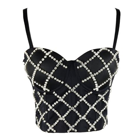 Women Criss Cross Rhinestone Smooth Bustier Crop Top Corset Bra Black Fancymake