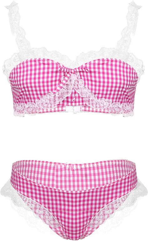 Msemis Herren Sissy Dessous Set Plaid Spitze R Schen Bh Mit Slip Tanga