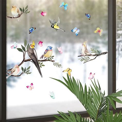 Stickers Statiques Pour Fen Tre Fleur De Printemps Oiseau Papillon