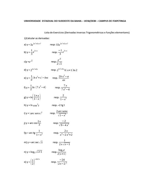 Lista De Derivadas Inversas Trigonométricas E Funções Elementares Pdf
