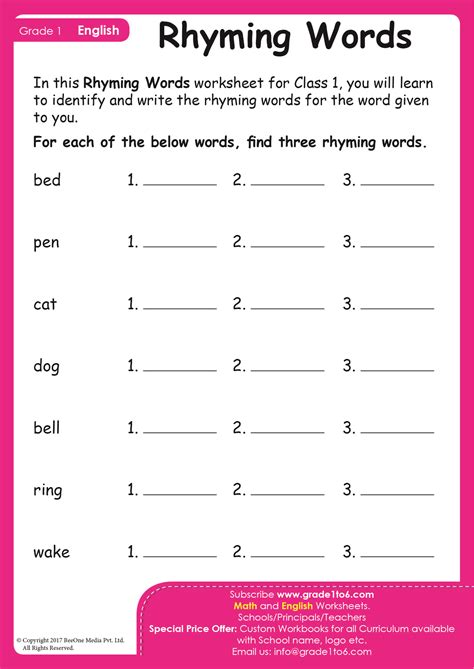 Free rhyming words worksheet for grade 1, Download Free rhyming words ...