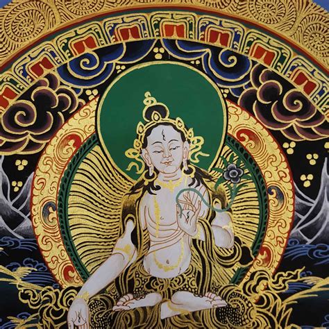 Om Mani Padme Hum Mantra Hand Painted Tibetan Thangka With White Tara