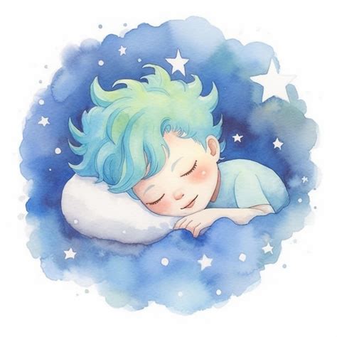 Un dibujo de acuarela de un bebé durmiendo en una nube con las palabras