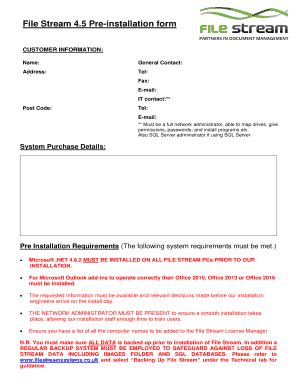Fillable Online File Stream Software Preinstallation Form Fax Email