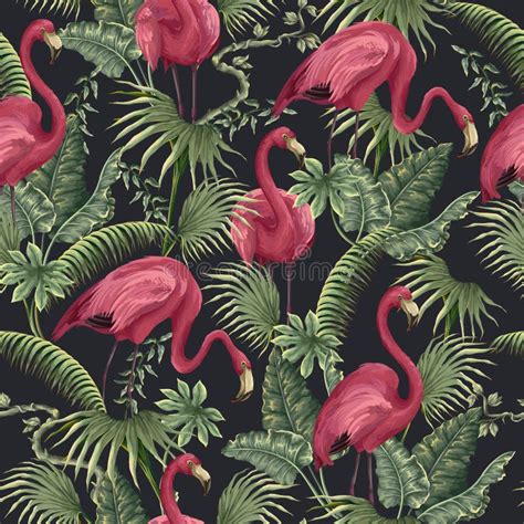 Seamless Pattern With Flamingos And Tropical Tress Vector Stock