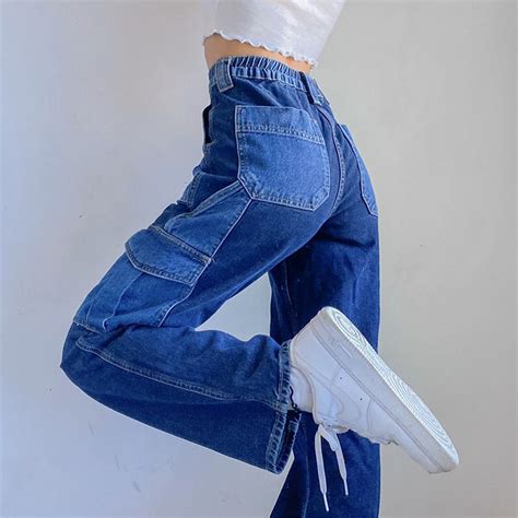 Cargo Pants Y2k Patchwork Baggy Jeans High Waisted Denim Etsy