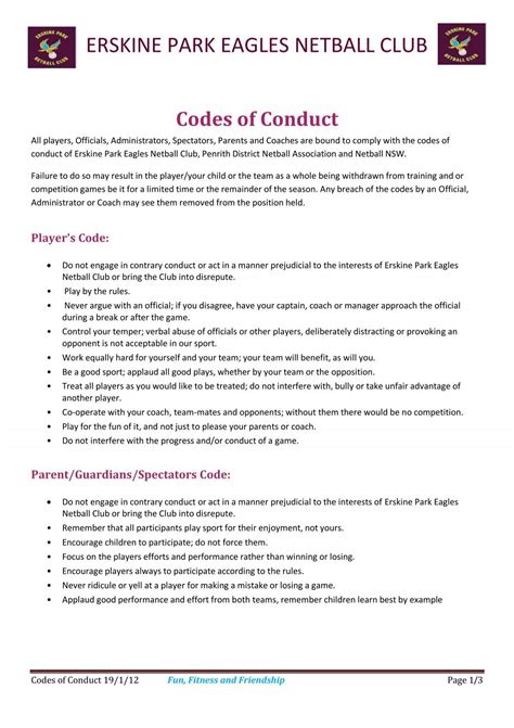 Codes Of Conduct Erskine Park Eagles Netball Club