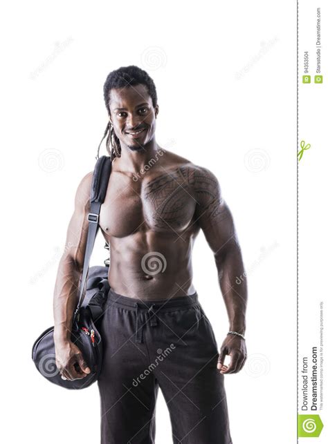 Homem Novo Preto Muscular Descamisado Saco Do Gym Foto De Stock