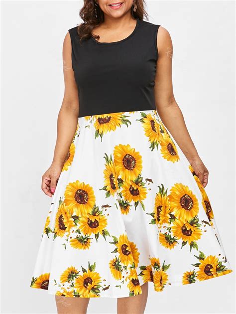 [43 Off] Plus Size Sleeveless Sunflower Print Vintage Dress Rosegal