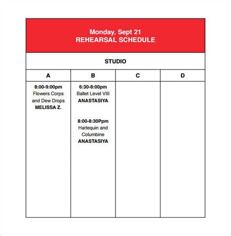 Free Rehearsal Schedule Samples Templates In Pdf Ms Word Excel