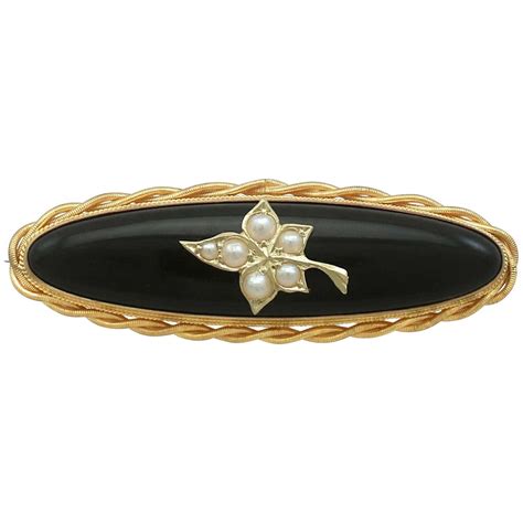 Antique Victorian Black Onyx And Seed Pearl Yellow Gold Mourning Brooch