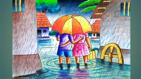 How To Draw Scenery Of Village Rainy Day Step By Step Rainy Day Drawing