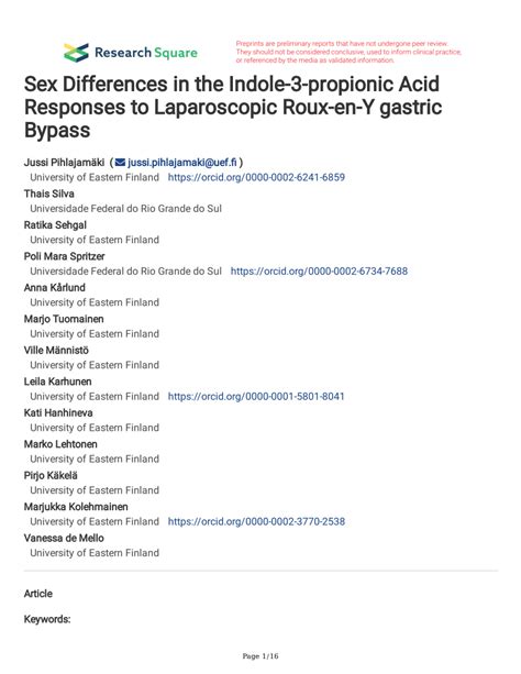 Pdf Sex Differences In The Indole 3 Propionic Acid Responses To Laparoscopic Roux En Y Gastric