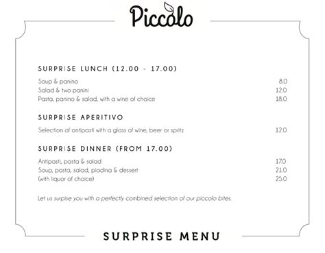 Piccolodrinks And Food Menu For Piccolo Piccolo