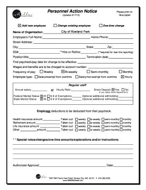 Fillable Online Personnel Action Form City Of Roeland Park Fax Email