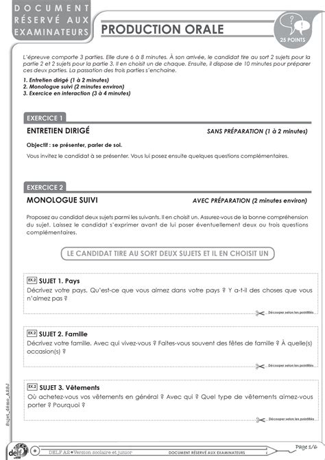 Exemple 2 Sujet Delf A2 Junior Document Examinateur Production Orale