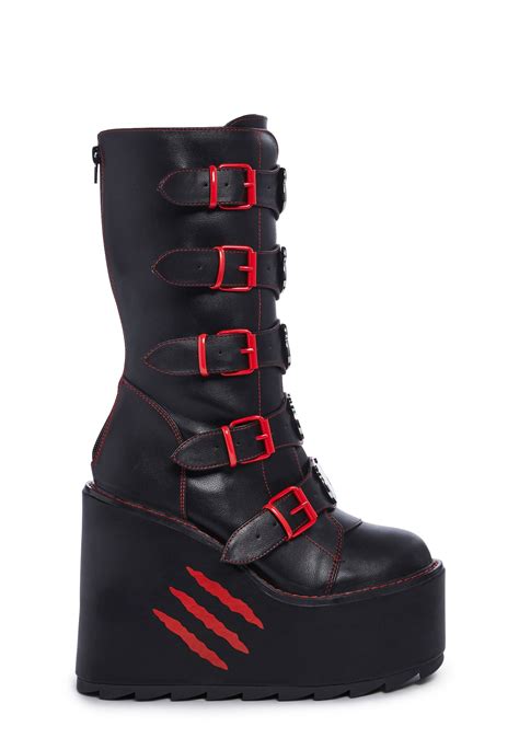 Yru Gloomy Bear Platform Buckle Zipper Boots Blackred Dolls Kill