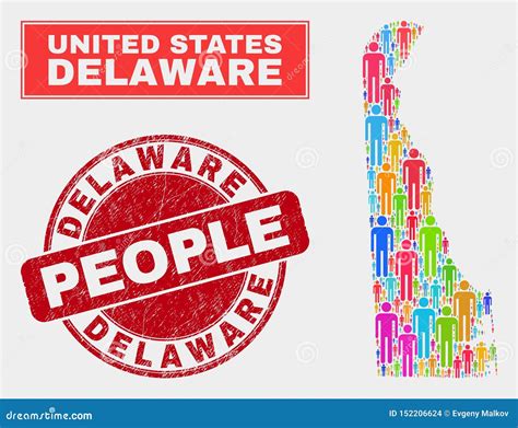 Delaware State Map Population People And Textured Seal Stock Vector