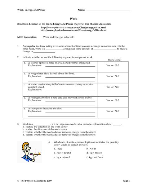 Work Energy And Power Worksheet Answers Physics Classroom Db Excel