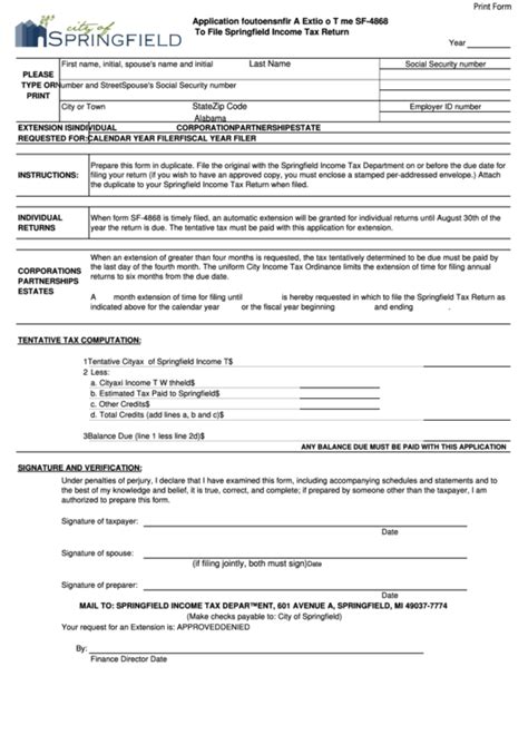 Fillable Form Sf 4868 Application For Auto Extension Of Time To File