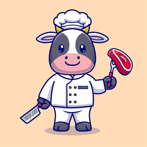 Linda Vaca Chef Cocinando Carne Dibujos Animados Vector Icono