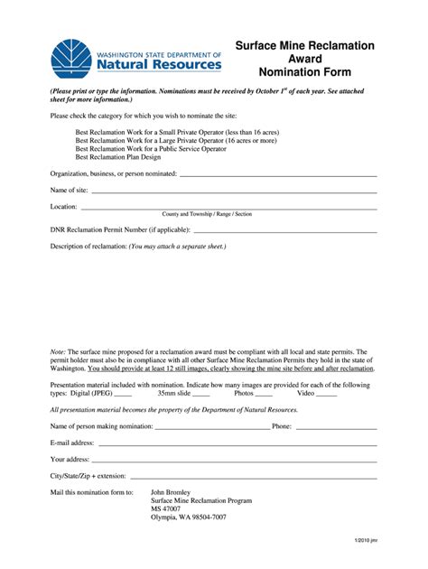 Fillable Online Dnr Wa Surface Mine Reclamation Award Nomination Form