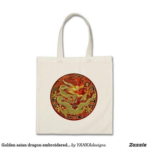 Golden Asian Dragon Embroidered On Dark Red Tote Bag Zazzle Red