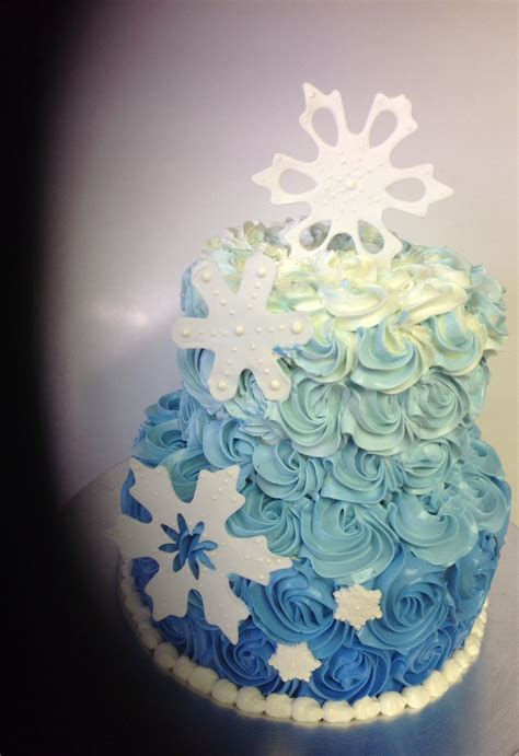 Frozen Theme Cake Fondant Snowflakes Blue Ombre Rosettes Ibc Leticiasconfections Frozen