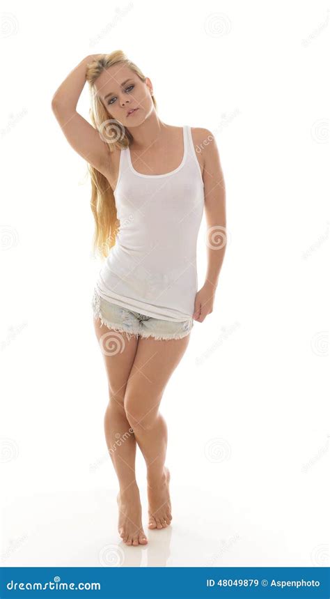 Young Blonde Woman In White Tank Top And Shorts Stock Image Image Of