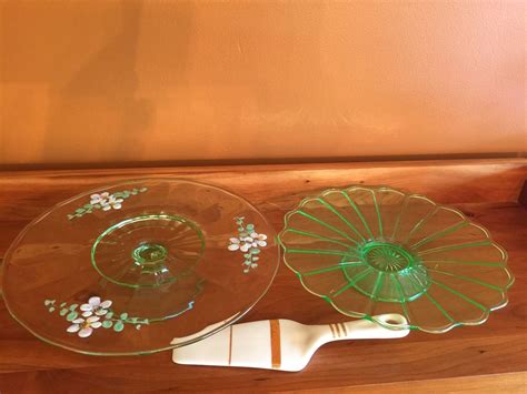 Vintage Green Glass Footed Cake Plates And Server Antique Price