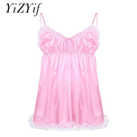 Vestido De Cetim Para Homens Sissy Lingerie Sexy De Renda Babados