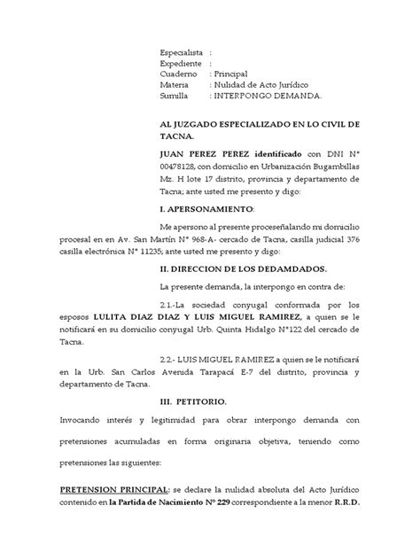 demanda de nulidad de acto juridico causasl  del art  codigo civil