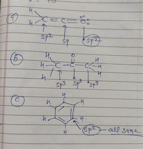 | What are the hybridization states of each carbon atom in the following compounds : a) CH2=C=0 ...