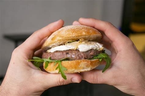 Authentic American Burger With Mayonnaise Stock Image Image Of Hunger