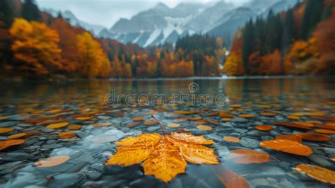 Autumn Leaves Float On The Surface Of Lake Against The Backdrop Of