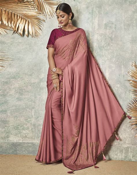 Onion Pink Embroidered Silk Blend Saree With Blouse Desibutik 2949536