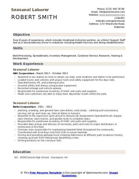 Seasonal Laborer Resume Samples | QwikResume