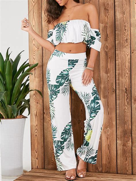 Tropical Printed Crop Top High Waist Palazzo Pants High Waisted Pants