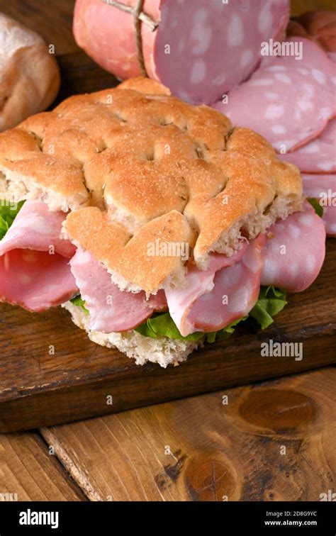 Italian Mortadella And Focaccia With Rosemary For Lunch Traditional