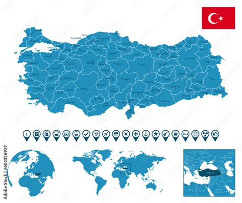 Turkey - detailed blue country map with cities, regions, location on ...