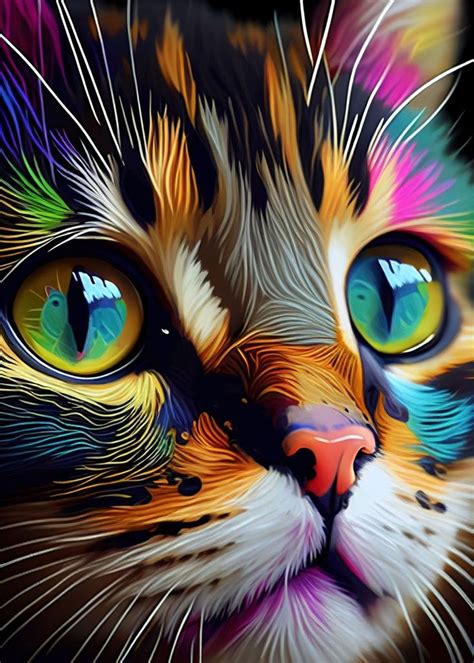 A Close Up Of A Cat S Face With Multicolored Eyes