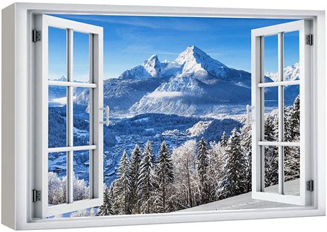 Wall26 Canvas Print Wall Art Window View Snowy Mountain Range Pine Tree