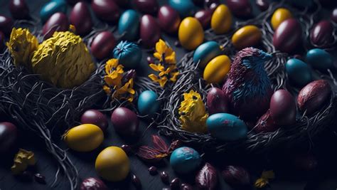 Premium AI Image Epic Composition Of Colourful Easter Eggs In Nest