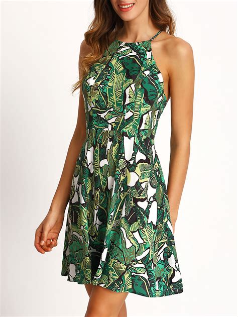 Green Halter Floral Print Backless Dress Shein Sheinside