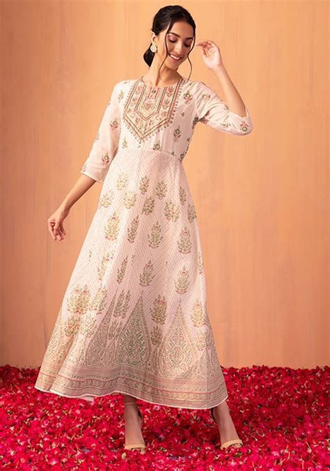 Buy Women Ivory Mughal Floral Print Cotton Anarkali Kurta Aw23